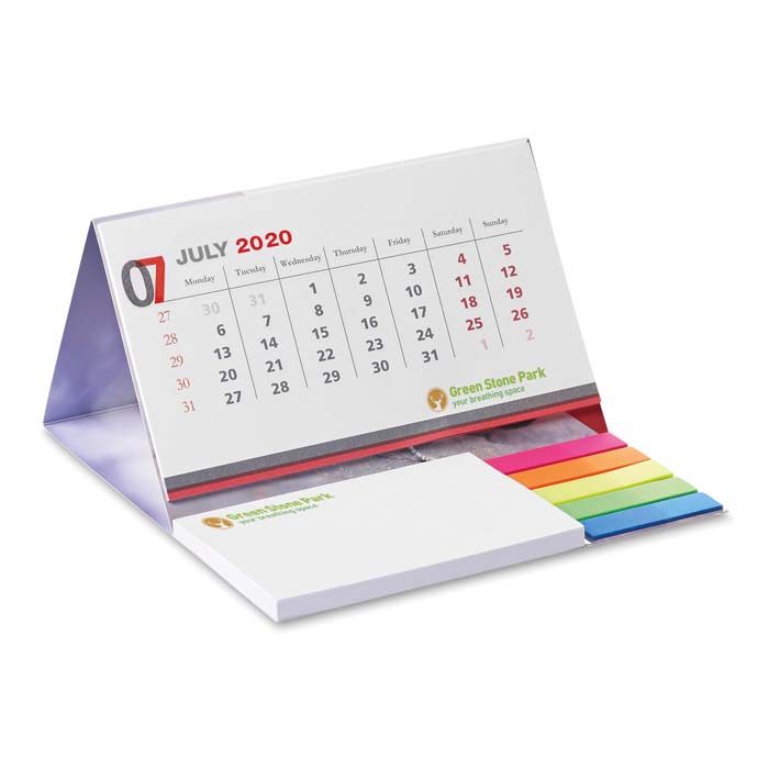 Calendrier de bureau avec couverture souple, marqueurs et bloc-notes.