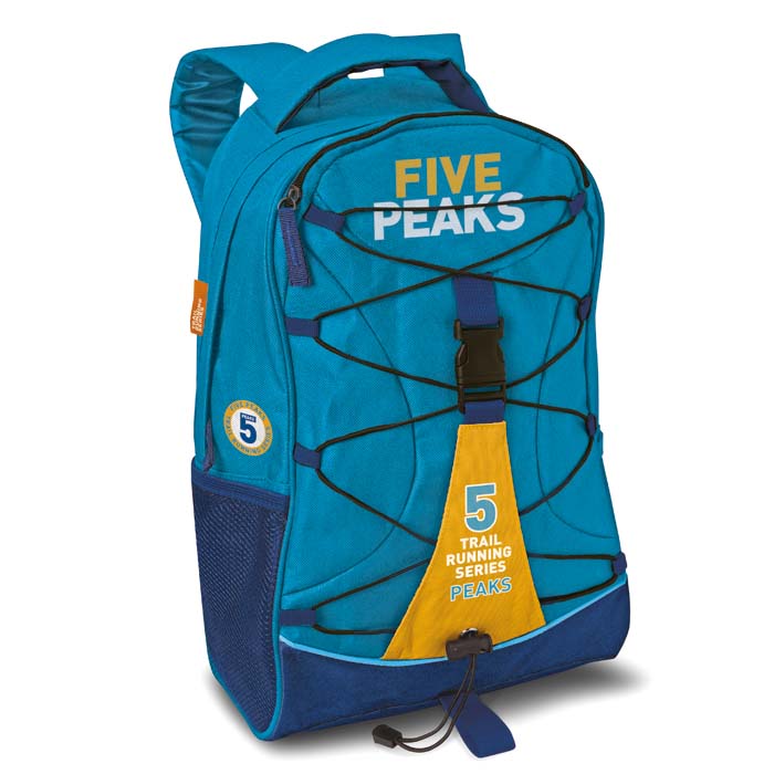 Sac à dos en 600D polyester avec couleurs contrastées et cordon décoratif sur le pan frontal.