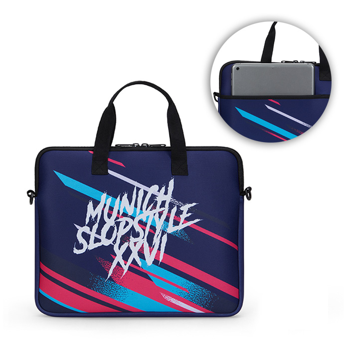 Pochette pour ordinateur portable avec fermeture éclair et pochette arrière.