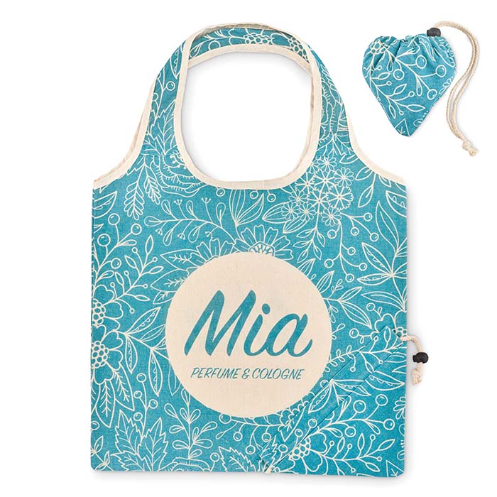 Sac en coton pliable 105 g/m² avec fermeture à cordon sur la pochette.