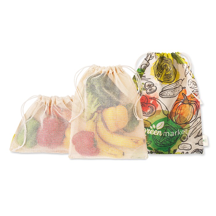3 sacs d'épicerie en coton avec maille sur 1 côté.