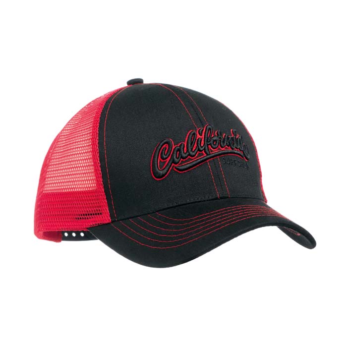 Casquette trucker profil haut, 6 pans, front en poly coton autres pans en filet polyester.