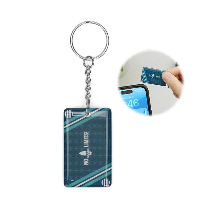 Porte-clés NFC rectangle préprogrammé avec doming. 50x30mm.
