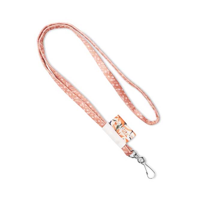 Lanyard tubulaire sublimé avec étiquette personnalisée.