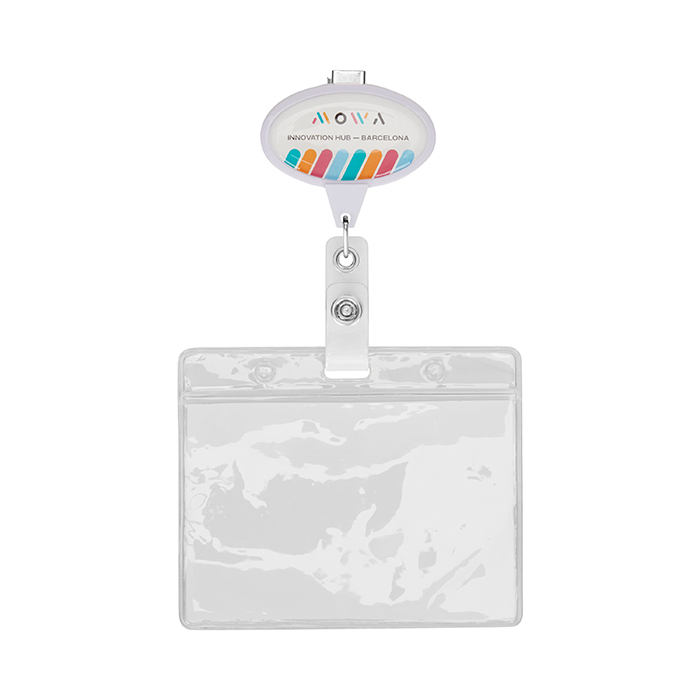 Enrouleur de badge rétractable de forme ovale avec logo.