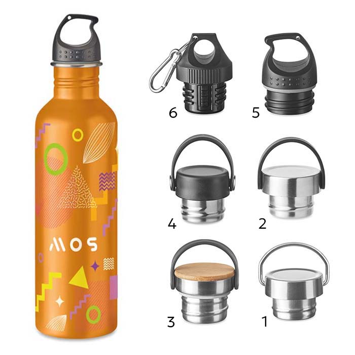 Bouteille simple paroi en acier inoxydable de 750ml. Quadri 360° incl.