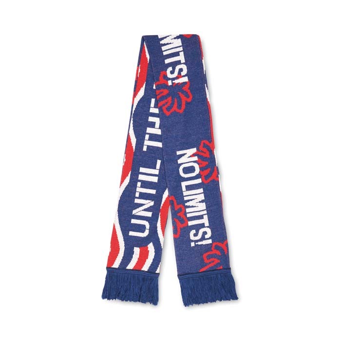 Echarpe jacquard en rPET double épaisseur avec votre motif multicolore personnalisé.