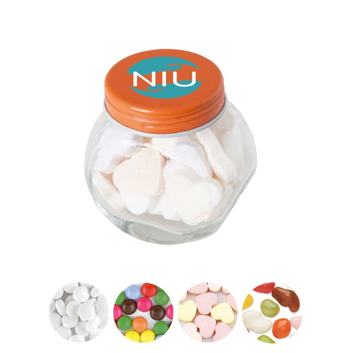 Pot en verre avec couvercle en métal. Dimensions : 5,5X5X3,5 cm. publicitaire personnalisé - vue 1