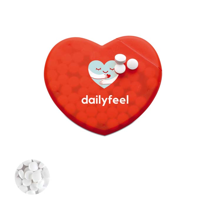 Distributeur de bonbons à la menthe en plastique en forme de coeur. Dimensions : 7,2X6,0X0,6 cm.