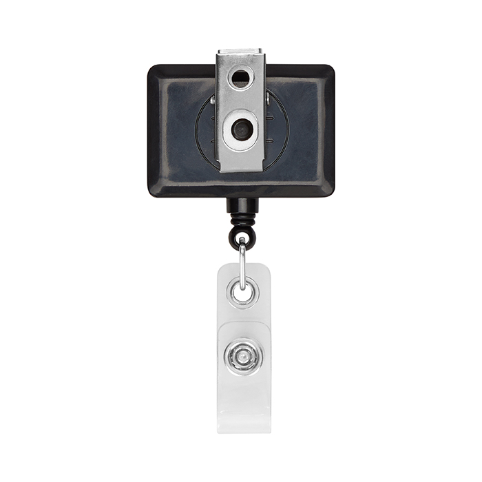 Enrouleur de badge rétractable en forme de rectangle avec logo. publicitaire personnalisé - vue 2