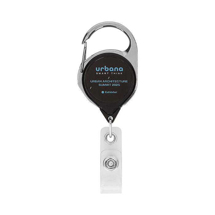 Enrouleur de badge rétractable avec mousqueton et logo. publicitaire personnalisé - vue 2