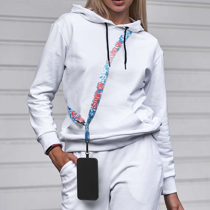 Cordon porte-téléphone sublimé avec votre logo sur patch en PVC. publicitaire personnalisé - vue 3