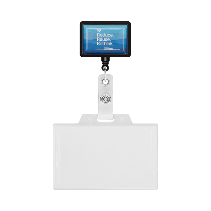 Enrouleur de badge rétractable en forme de rectangle avec logo. publicitaire personnalisé - vue 3