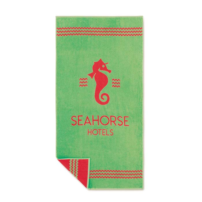 Serviette de plage tissée bicolore en coton 350 g/m². publicitaire personnalisé - vue 4